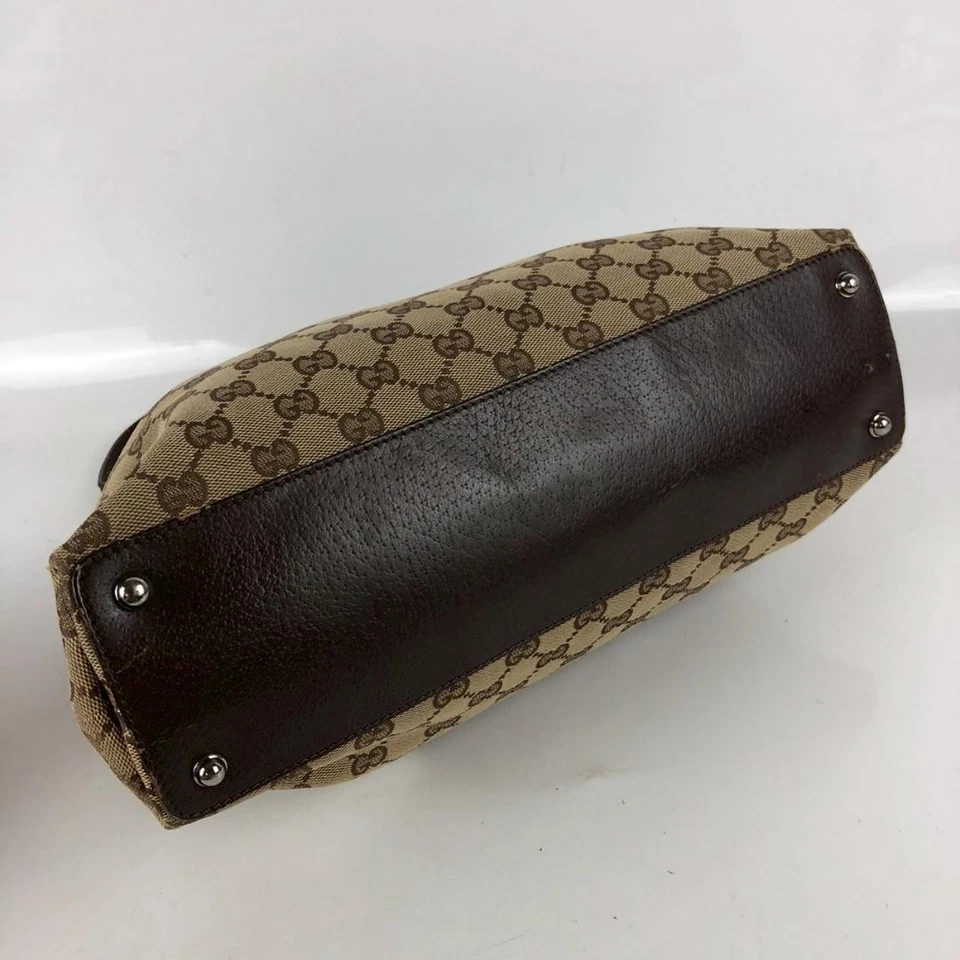 Vintage Gucci Tote Shoulder Hand Bag Beige Leather GG Purse Authentic Silver - Image 4 of 4