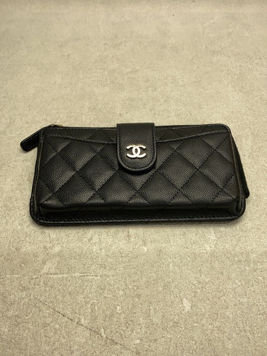 CHANEL Matelassé Caviar Black Phone Wallet Card Holder AP2536 Pre-Owned