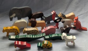 JETMAX Vintage 1970's WOODEN Painted Stacking WILD ANIMALS Toys Set LOT x18