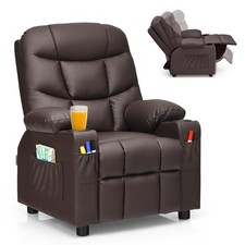 Costway Kids Youth Recliner Chair PU Leather w/Cup Holders  Side Pockets Brown