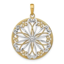 14k Yellow Gold Rhodium Filigree Floral Pendant Scroll Medallion for Women Faith