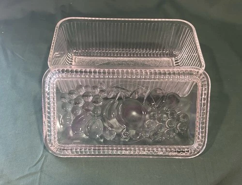 Vintage Federal Glass Clear Ribbed Rectangular Refrigerator Dish With Fruit Lid