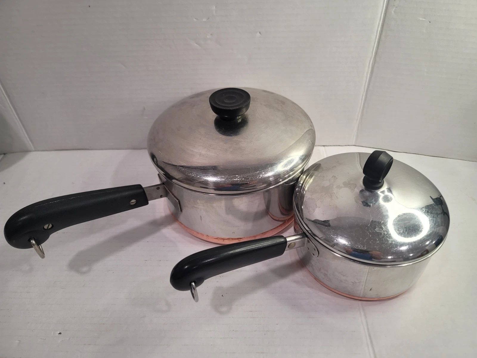 revere ware copper bottom cookware lot of 2 sauce pans 1 quart, 2 quart saucepan