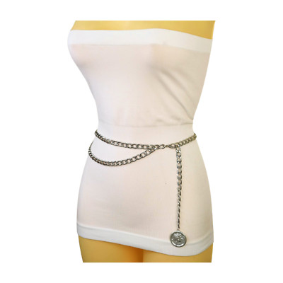 Women Silver Metal Chain Link Fashion Belt Medallion Coin Charm Plus Size XL XXL
