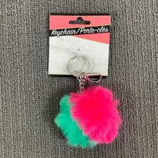 Fuzzy Pom Pom Keychain Two Tone Pink Green Faux fur Fluffy Lobster Clasp New