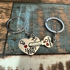 2 Pc Adorable His Hers Silver Tone Heart Key Chains Gift Love Him Her BFF