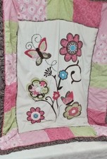 Cocalo Baby Crib Quilt Girls Petals Butterflies Pink Green Brown Ruffle 37"x45"