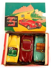 (3) VINTAGE HAJI TIN LITHO FRICTION SPORTS CARS JAPAN W/ BOX
