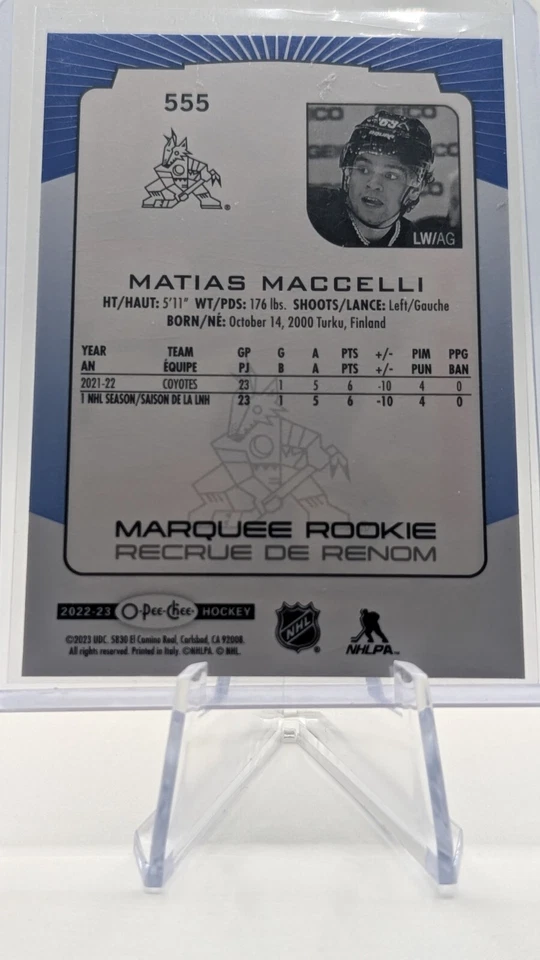 2022-23 O-PEE-CHEE MATIAS MACCELLI BLUE BORDER ROOKIE #555 ARIZONA COYOTES - Image 3 of 3