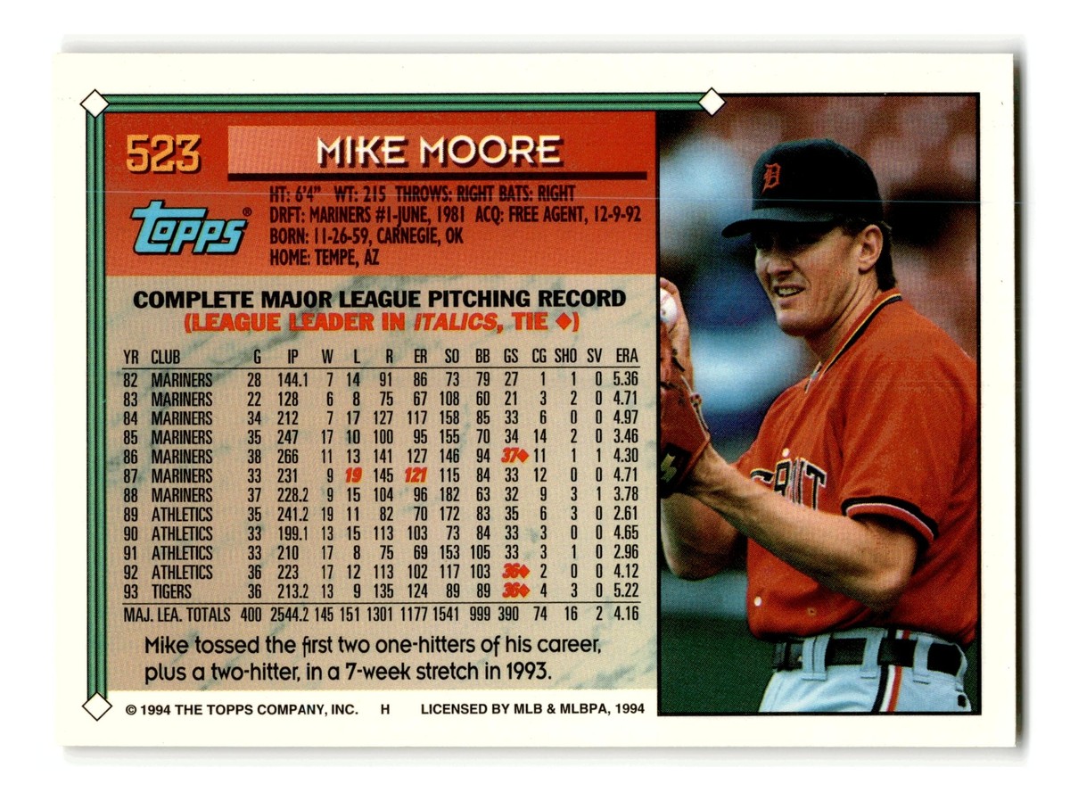 Mike Moore 1994 Topps #523 Detroit Tigers Mint to Gem | eBay