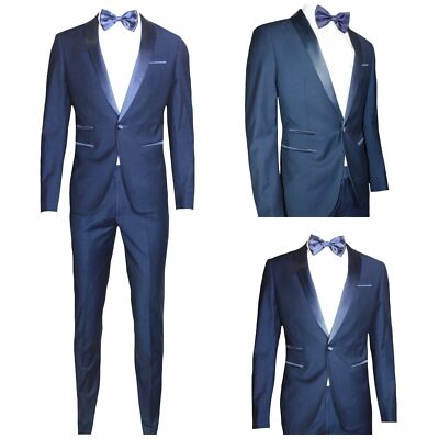 Smoking uomo blu abito viscosa/raso taglio SLIM elegante giacca