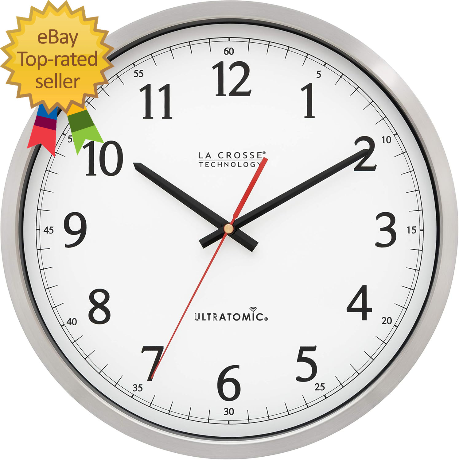 404-1235UA-PL Ultratomic 14 Inch Stainless Steel Wall Clock, Shatterproof Lens