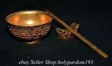 4.6" Old Chinese Bronze 24K Gold Gilt inlay Gems “福禄寿禧” Bowl Chopsticks Set 