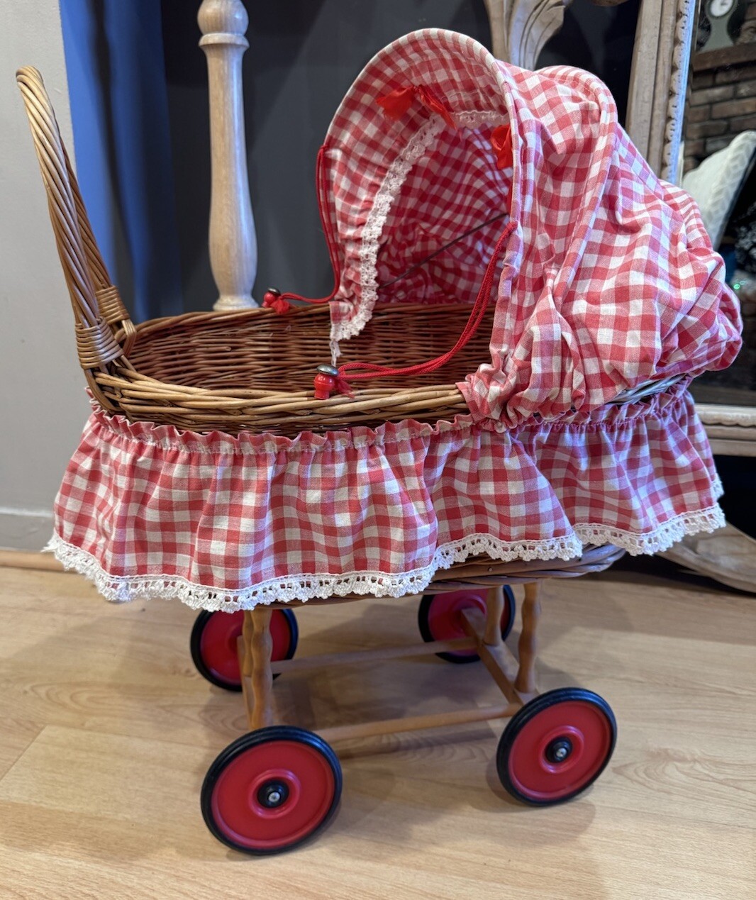 Antique Wicker Baby Doll Bassinet Buggy Carriage Stroller Red White Checker 20 L