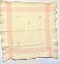 Vintage Baby Blanket Cream Pink Embroidered Flower Buds 28 x 28 Square