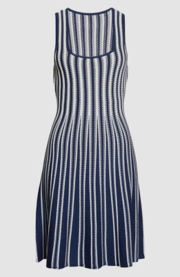$495 Milly Womens Blue Crew-Neck Sleeveless Stripe Fit & Flare Mini Dress Size L