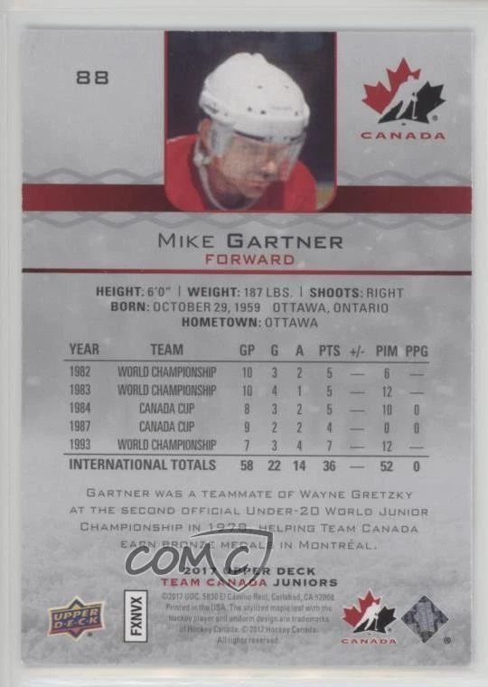 2017 Upper Deck Team Canada Juniors High Gloss /25 Mike Gartner #88 HOF - Image 2 of 2