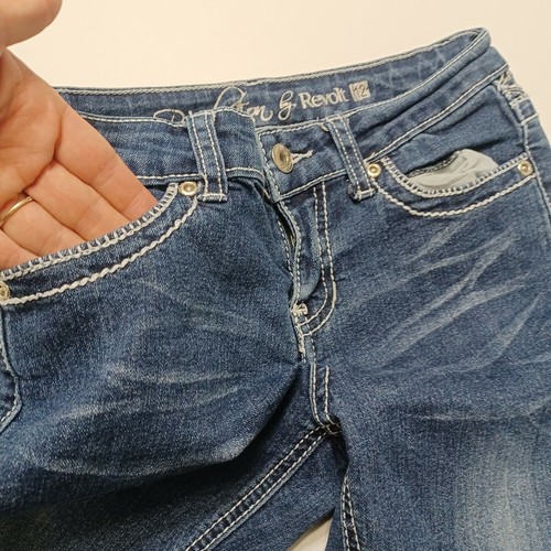 Revolution Revolt Girl Skinny Jean Cross Blue Stretch Dark Wash Pocket Denim 12 - Picture 10 of 12