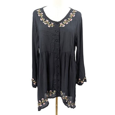 Embroidered Floral Tunic Blouse Black Rayon Button Front Boho Top M Vintage