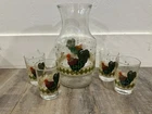 Vintage Anchor Hocking Country Accents Rooster Juice Glass X4 and 1 Carafe