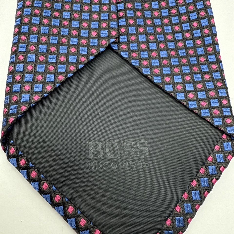 Corbata de seda para hombre Boss Hugo azul/negro/rosa diseño geométrico hecha en Italia 58/3 Foto 3 de 3