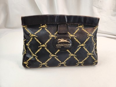 Authentic Longchamp Paris Clutch Hand Bag Black Leather LC Pouch Case Mens LC
