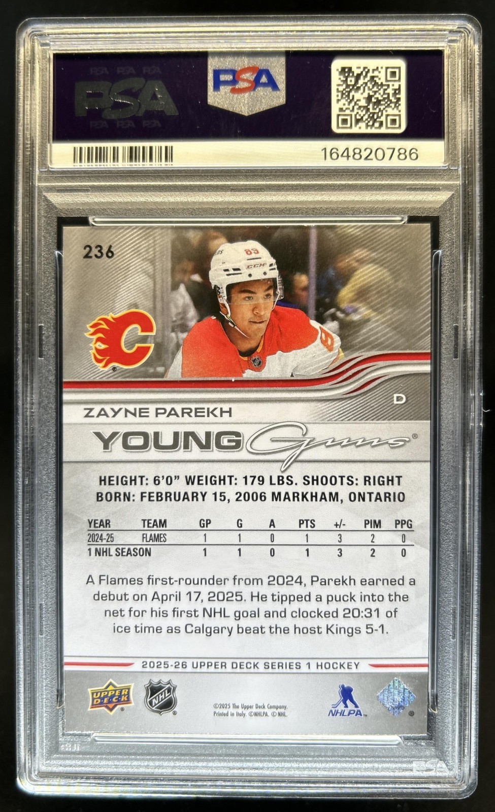 2025-26 Upper Deck Zayne Parekh Rookie Young Guns RC #236 Flames PSA 10 GEM MINT view 2
