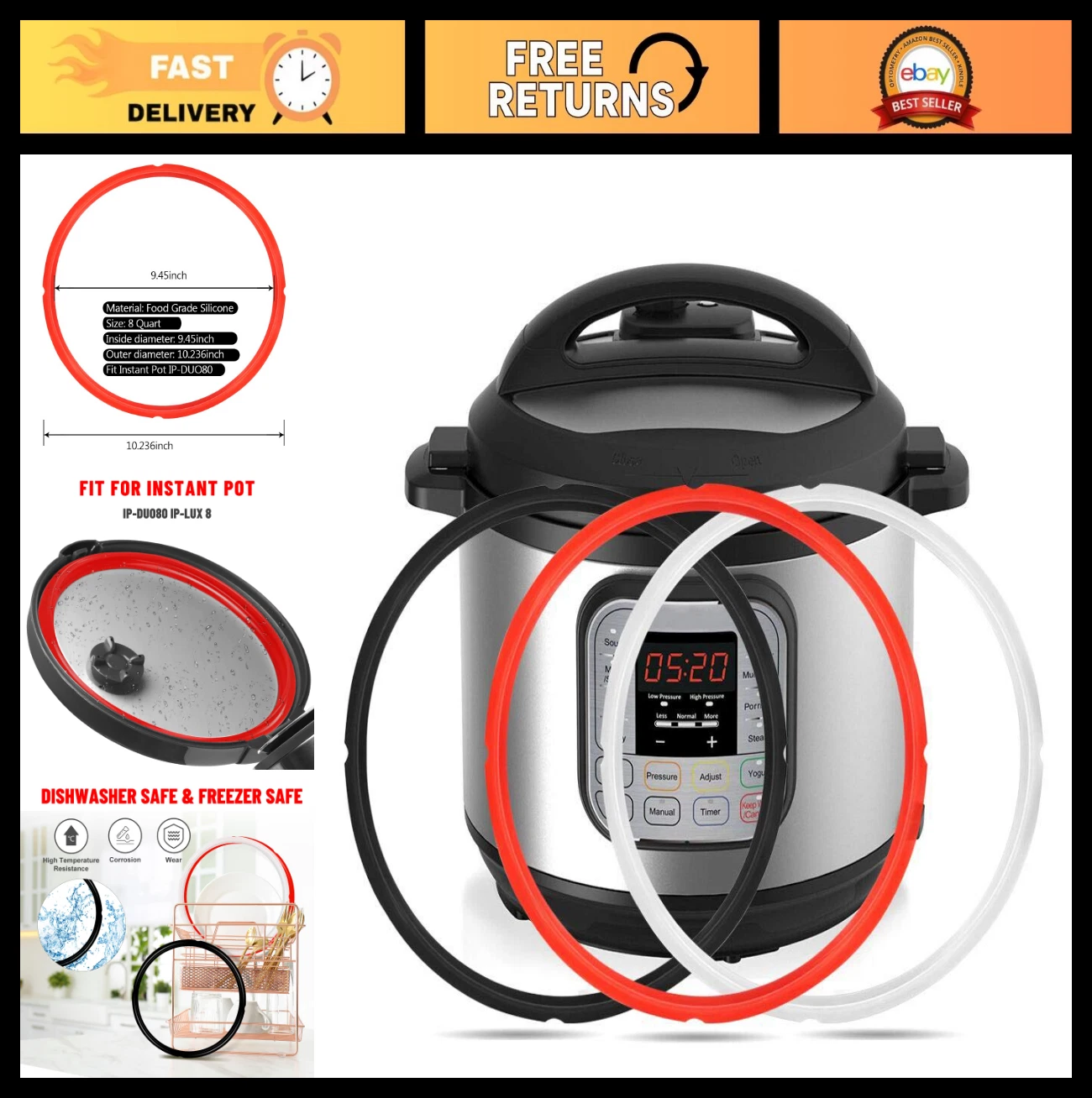 3 Pack Silicone Sealing Rings for 8 Quart Instant Pot, BPA-Free Food-Grade Gaske