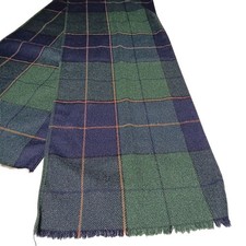 Wool Blend Scarf Green Blue Tartan Plaid Fringe Rectangle Preppy 10.5 x63"