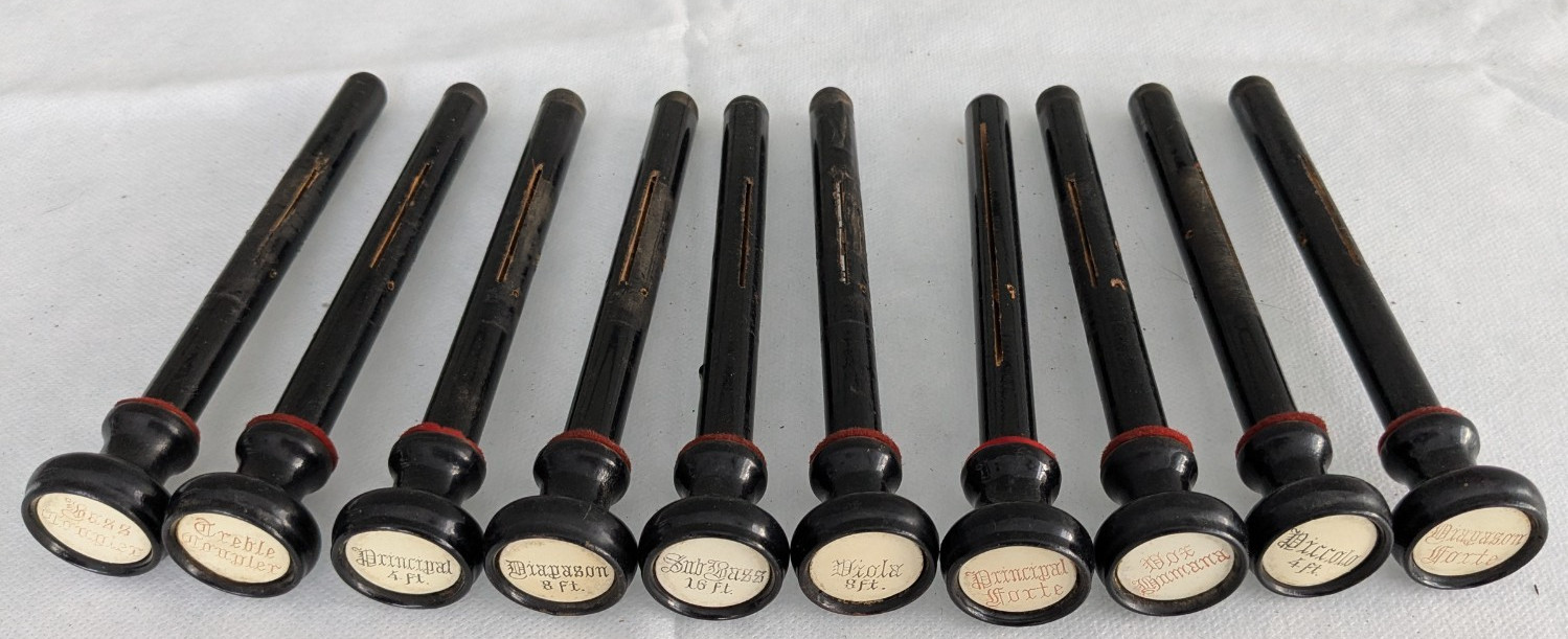Fantastic Set Of 10 Straight Pump Organ Pulls Stops Great Inserts Circa 1902