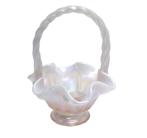 Fenton Art Glass Basket Pink Champagne Opalescent Satin Footed Lambs Tongue READ