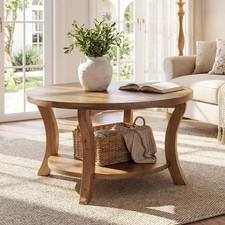31.5" Modern Solid Wood Round Coffee Table with Storage Shelf for Living Room