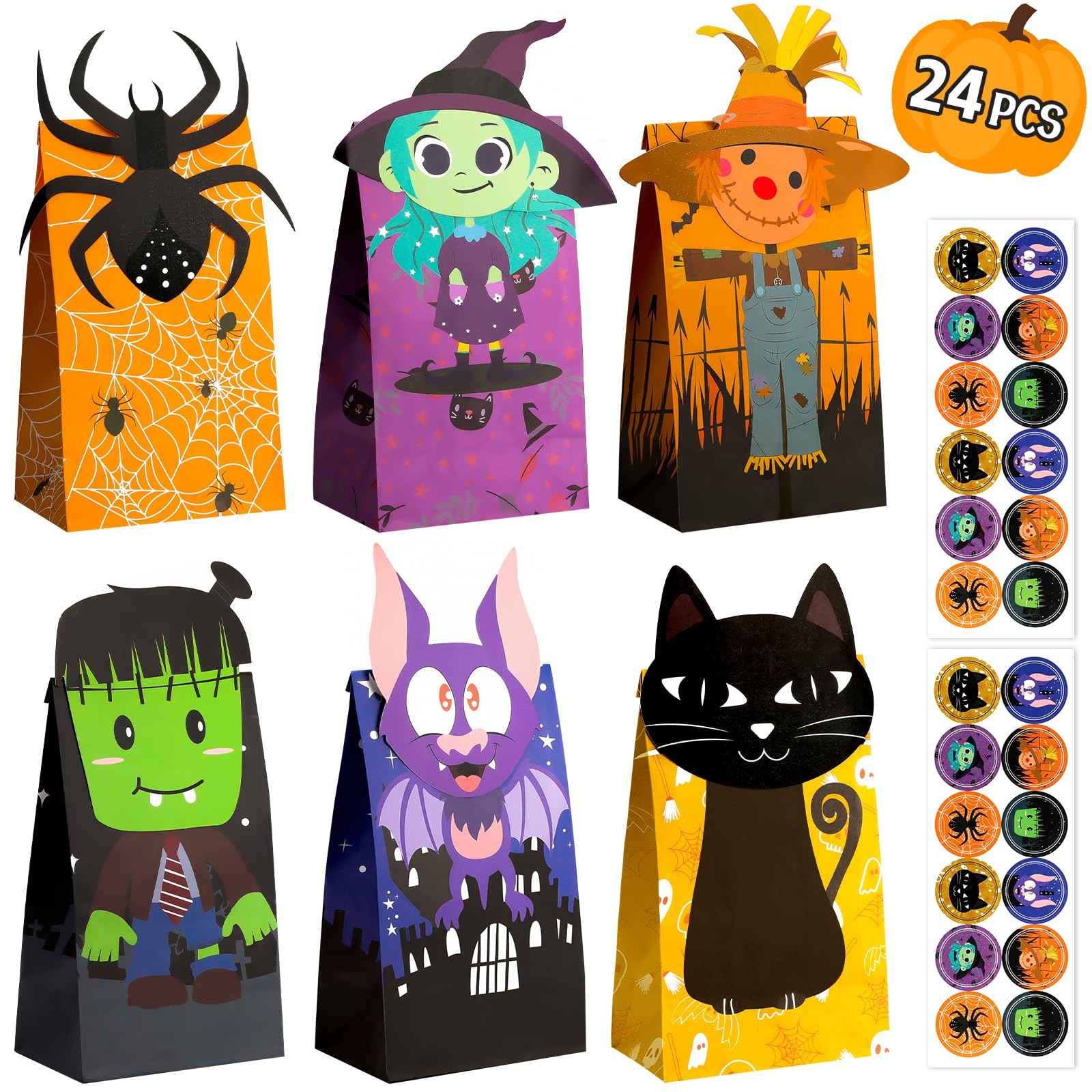 Halloween Treat Bags Trick or Goodie 24 Pack Candy Large, Colorful