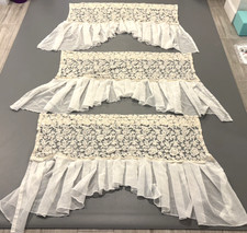 Set 3 VTG Embroidered Ivory Lace Floral Ruffled Curtain Valances Curved 48 x 36