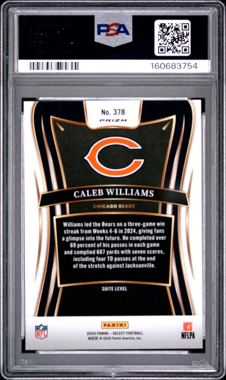 CALEB WILLIAMS RC 2024 PANINI SELECT SUITE LEVEL SILVER PRIZM ROOKIE #378 PSA 10 view 2
