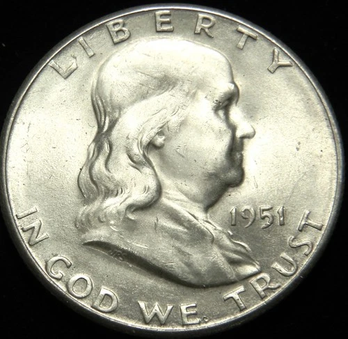 1951-S FRANKLIN SILVER HALF DOLLAR, GRADE: CHOICE BU, ORIGINAL COIN