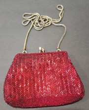Vintage Hong Kong Goldtone Deep Red Small Beaded Evening Bag Purse Clutch
