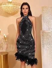Kleid Frau Elegant Zeremoniell mit Strass Und Hals Halfter Schwarz CF65404