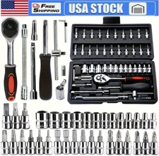 46Pcs Socket Set Car Repair Tool Ratchet Torque Wrench Kit 1/4" Drive with Box=