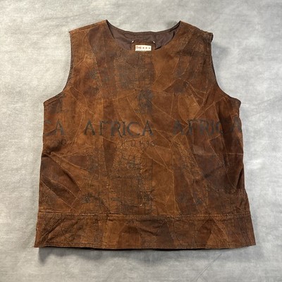 The African Star Leather Vest Vintage 1590 Topography Map Print Free Size XL