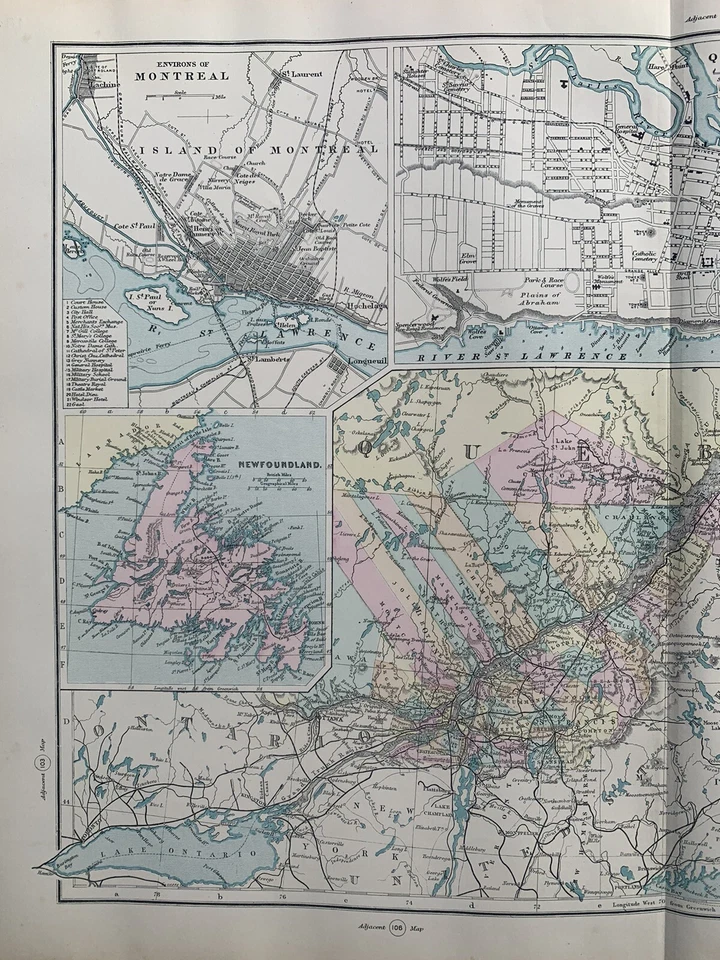 Оригинальная антикварная карта Квебека 1891 г. раскрашенная вручную от G.W. Бекон - Изображение 2 из 4