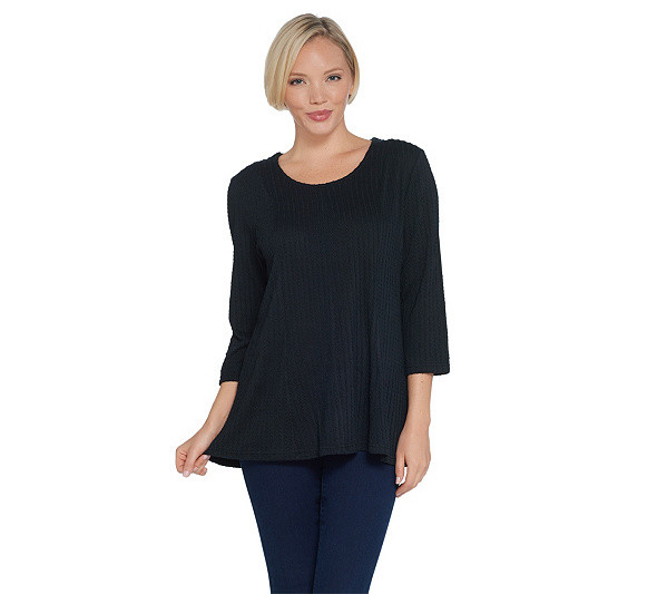Denim & Co. Топ из обычного текстурированного трикотажа с расклешенным рукавом 3/4, Черный, XS