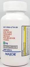 Major Aspirin Low Dose 81mg Chewable Tablets 1000ct -Expiration 02-2027