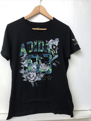 Adidas 03 Girl's Graphic Tee Crew Neck Black Floral Trefoil Logo