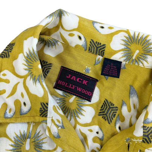 JACK HOLLYWOOD Gold Floral Hawaiian Shirt Large Rayon Button Short Sleeve READ - Picture 2 of 6