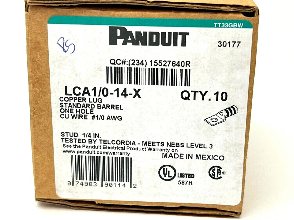 Panduit LCA1/0-14-X Copper Lug Standard Barrel One Hole #1/0 AWG BOX OF 10 - Image 2 of 4