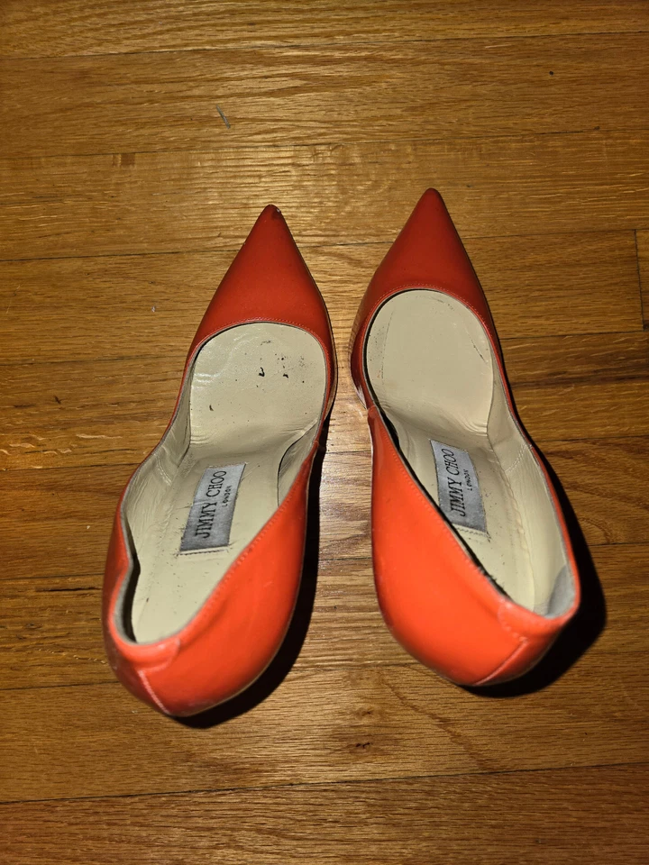 Used Worn Jimmy Choo Orange Patent Leather Pointy Toe Pump Heels Court Shoes 7.5 - Image 3 of 4