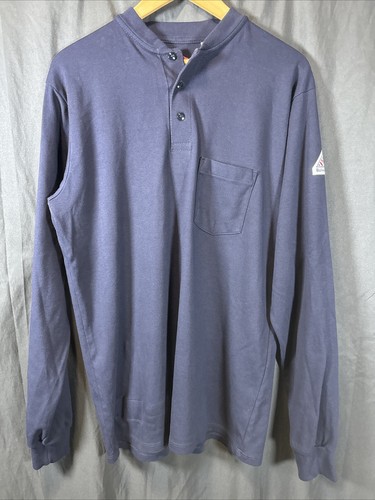 ✨EUC Bulwark FR Shirt Men M Henley Long Sleeve Pocket Flame Resistant Navy✨
