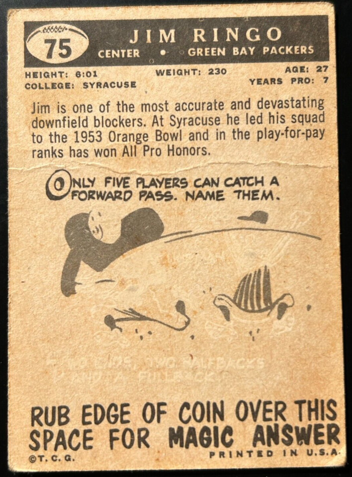1959 Topps NFL #75 JIM RINGO (HOF) Green Bay Packers VG CREASED | eBay