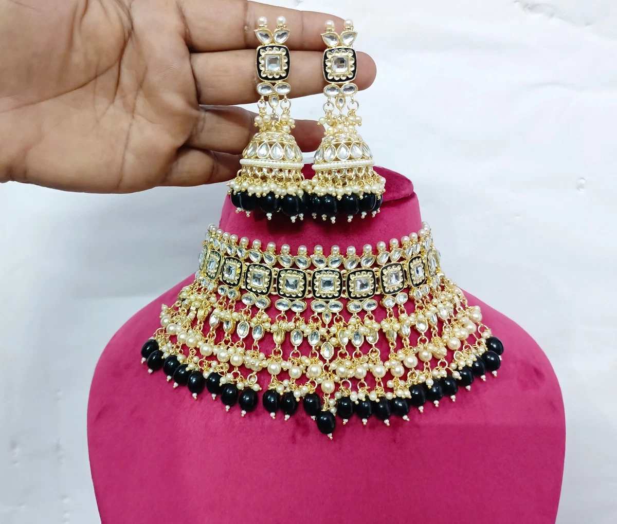 Black Meenakari Kundan Pearls Necklace Jhumki Gold Plated Wedding Bridal Jewelry